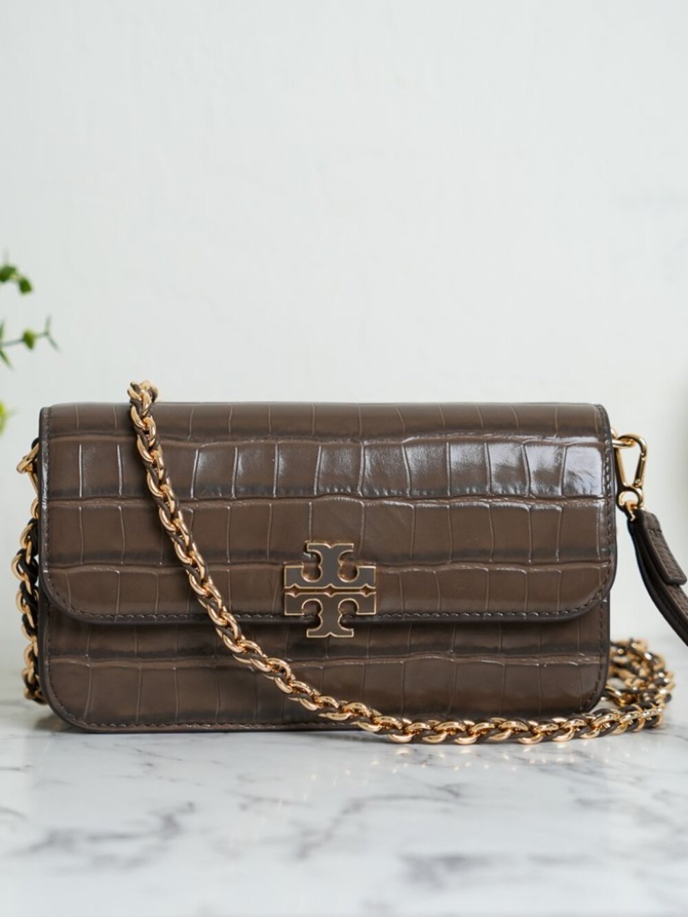 Tory Burch Britten Embossed Chain Wallet with Wristlet Crossbody Night Hawk NWT